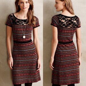 Anthropologie Fairisle Sweater Dress Short Sleeve Striped Brown Lace Yoke